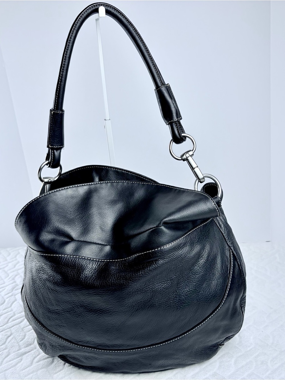Vintage 90s Y2K Marco Avane Black Pebbled Leather Hobo Bag w Contrast Stitching